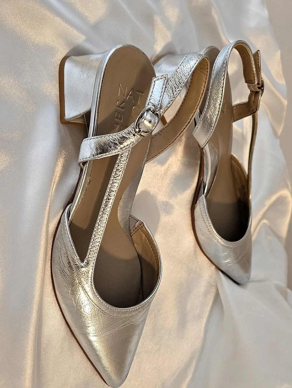 MILA Metallic T-Strap Heels in Silver US 8 Good